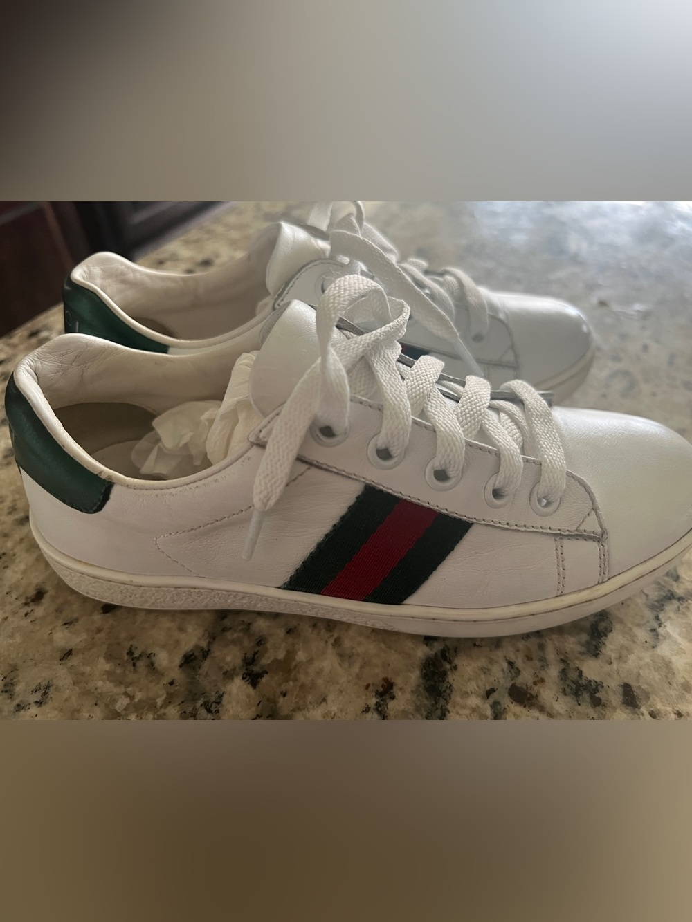 Gucci White Leather Sneakers with Red and Green Web Stripe